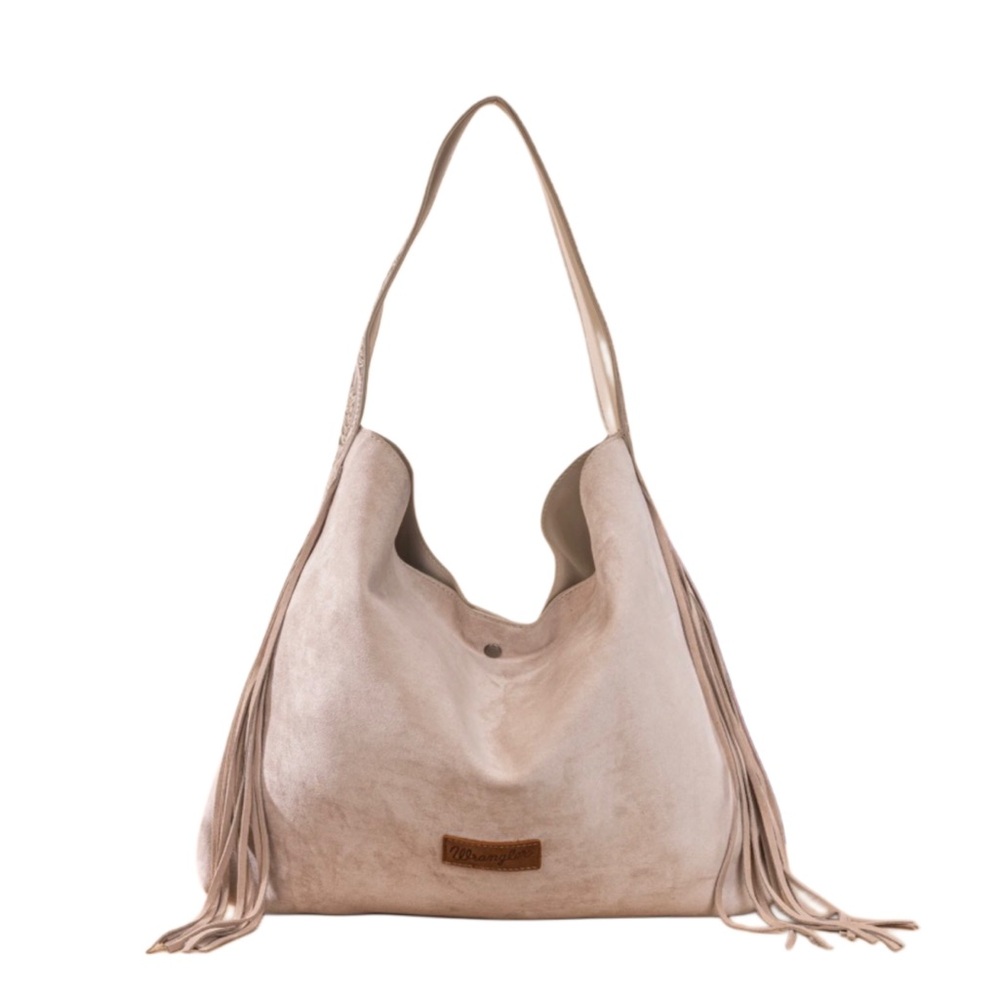 wrangler fringe floral tooled hobo bag - beige
